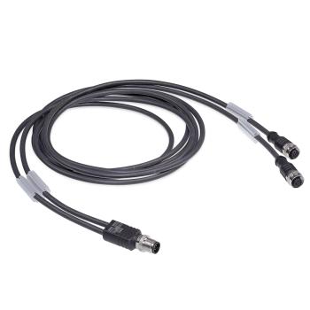 LED2WORK M12 Y-distributor w/ cable outlet (2x 2m), A-coded, 2x connector, 1x plug, max. 4 A 24V 3-Pole