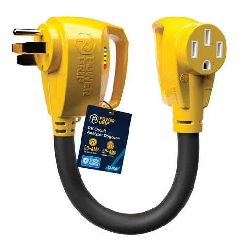 Camco 55464 PowerGrip 50 Amp Circuit Analyzer Dogbone Adapter with Surge Protection, 18″