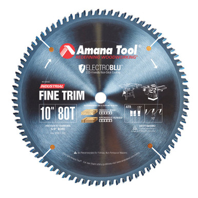 Opens dialog Amana 610800C Electro Blu Carbide Tipped Trim 10" D x 80T ATB, 10 Deg, 5/8 Bore, Non-Stick Coated