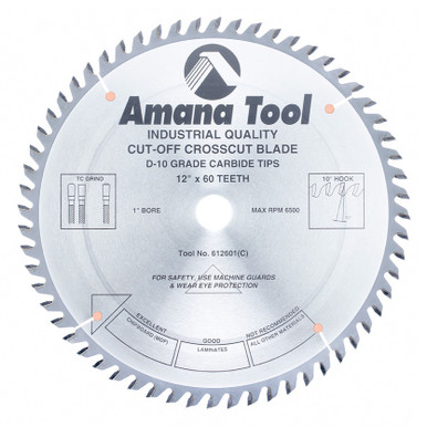 Opens dialog Amana 612601 Carbide Tipped General Purpose 12" D x 60T TCG, 10 Deg, 1" Bore, Circular Saw Blade