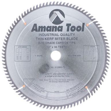 Opens dialog Amana 612960-TS Carbide Tipped Thin Kerf Miter 12" D x 96T ATB, 10 Deg, 1" Bore, Circular Saw Blade