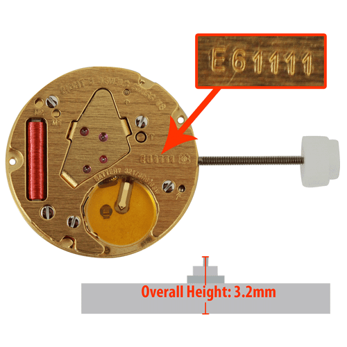 ETA 3 Hand Quartz Watch Movement E61.111-6B Black Date DialAt 6:00 Overall Height 3.2mm
