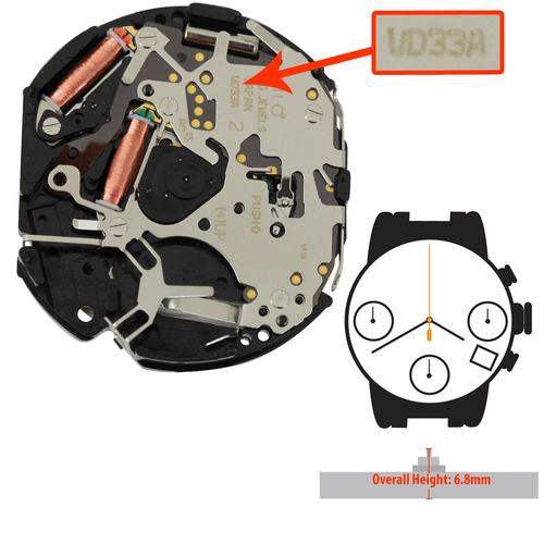 Hattori Japan Quartz Chronograph Watch Movement VD33 Overall Height 6.8mm