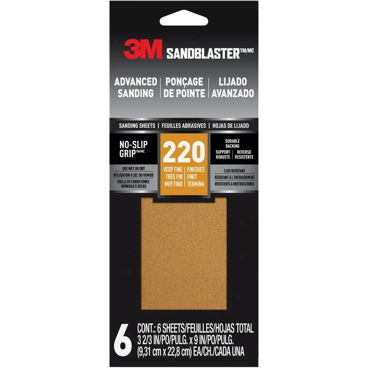 Pro Grade Precision 3-2/3 In. X 9 In. 220 Grit 1/3 Sheet Sandpaper With No-slip Grip Backing (6-pack)