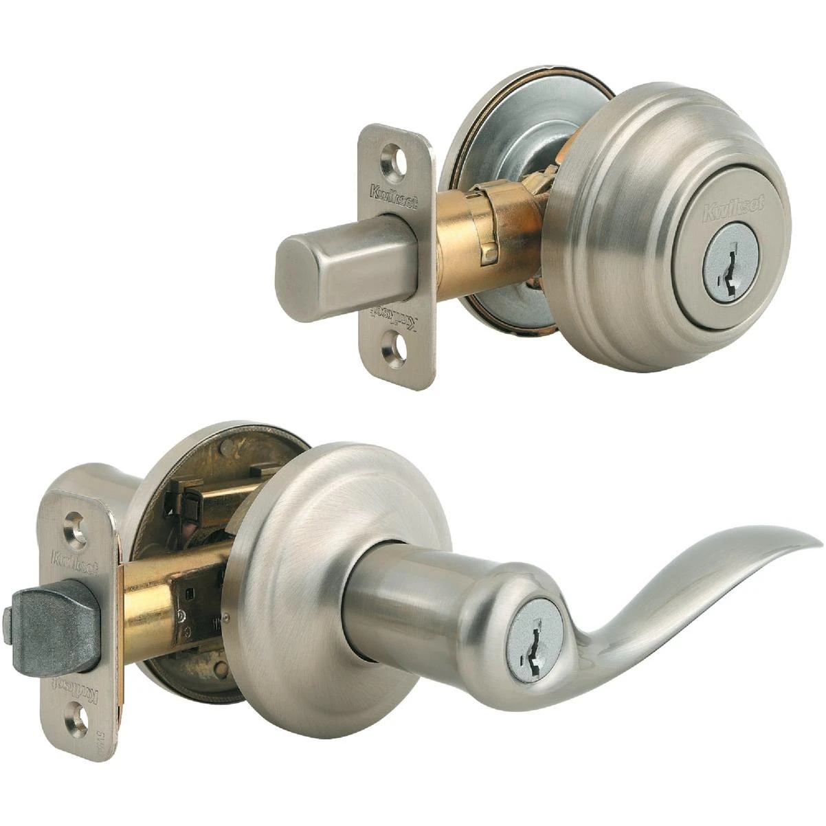 Signature Series Satin Nickel Deadbolt And Lever Combo With Smartkey