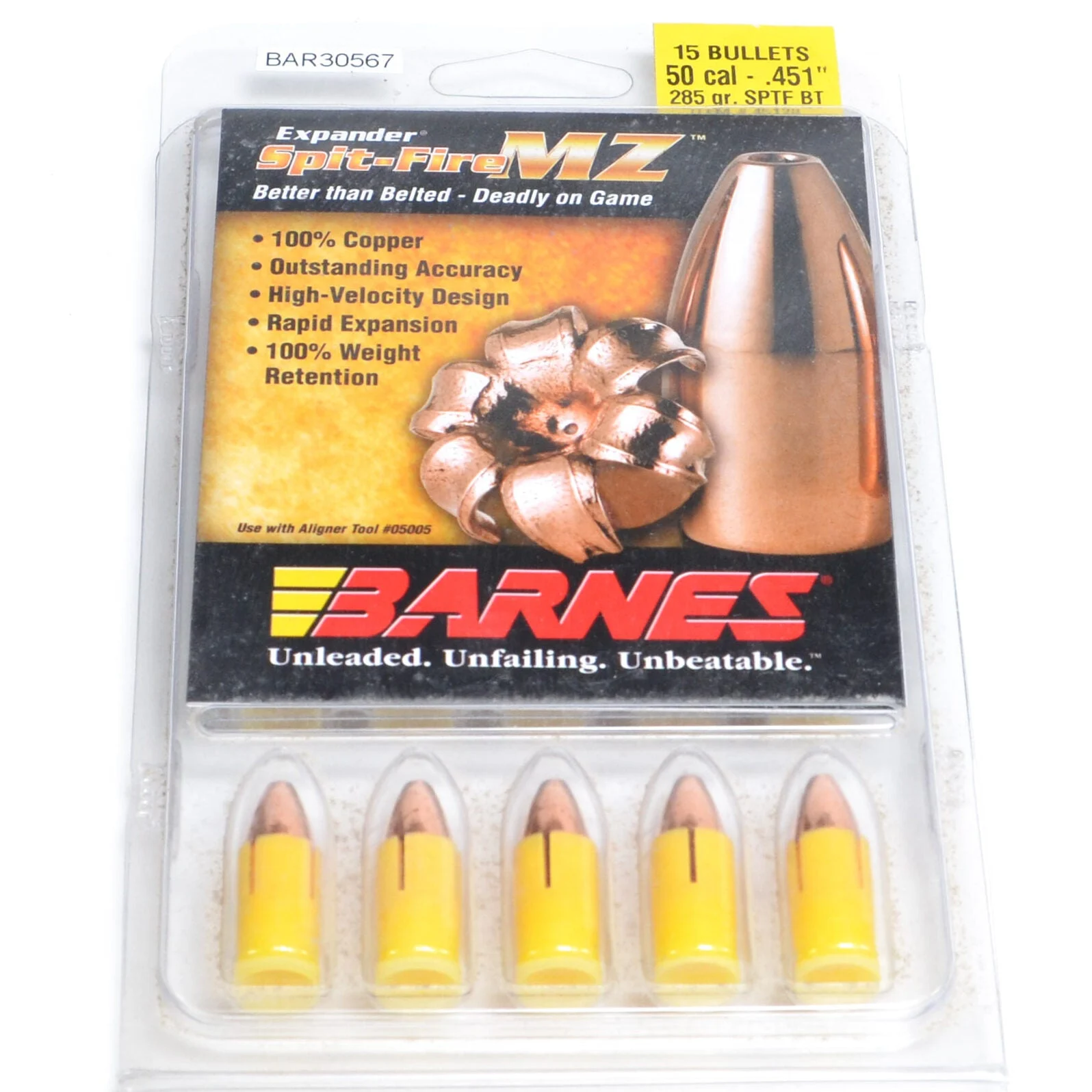 Barnes 50 Cal .451 Dia 285 Grain Muzzleloader Spit-Fire Boat Tail Bullet