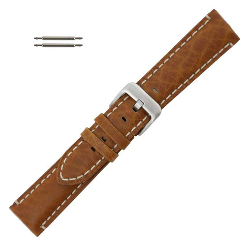24mm Brown Camel Grain Leather Watch Band with White Stitching 7 3/8 Inch Length