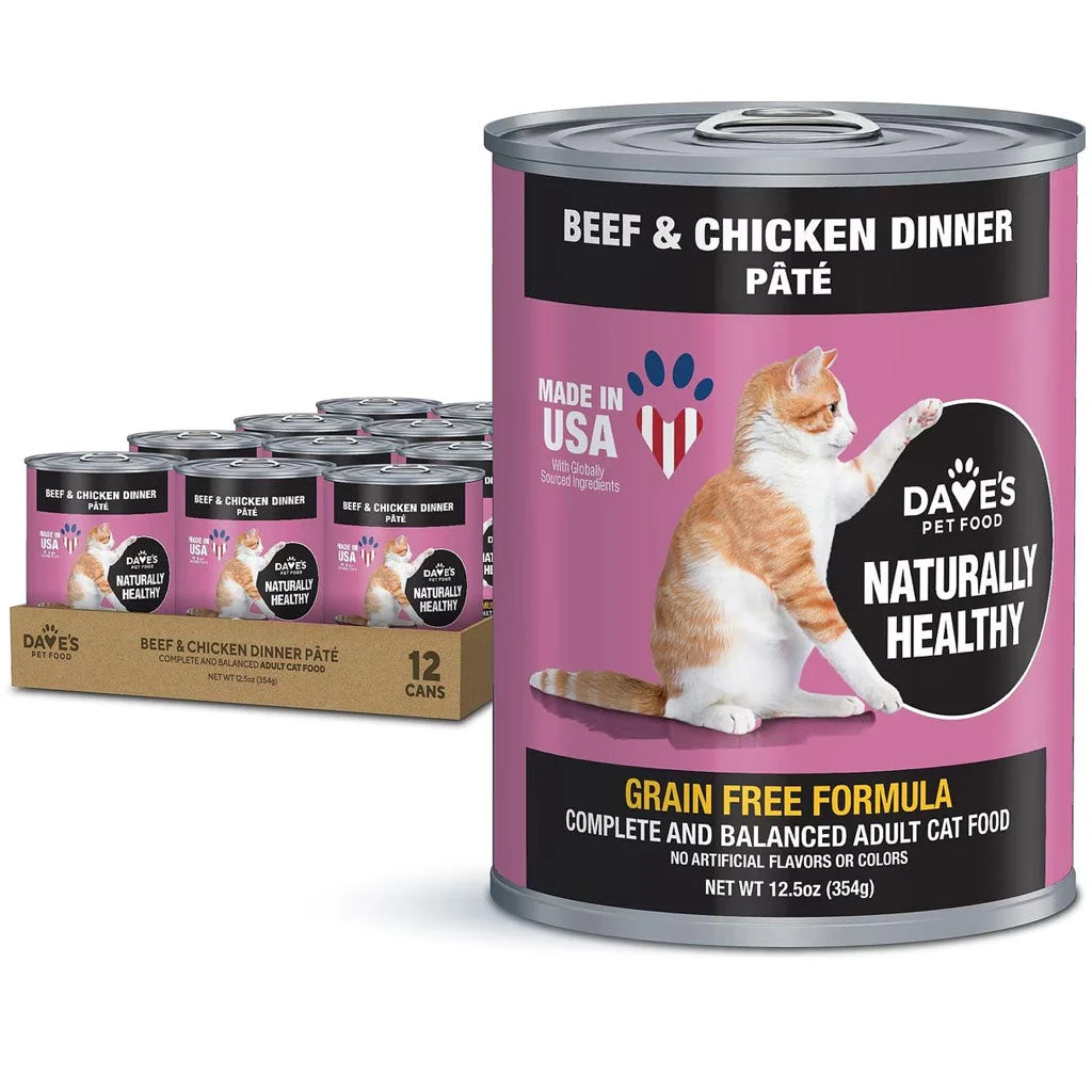 Dave’s Pet Food Beef & Chicken Pate Dinner Canned Wet Cat Food, 12.5-oz can, case of 12