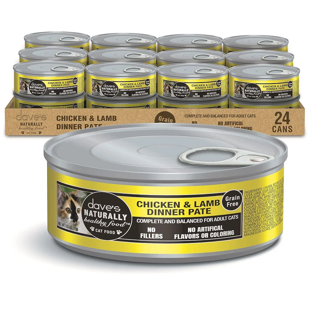 Dave’s Pet Food Chicken & Lamb Dinner Pate Canned Wet Cat Food, 5.5-oz can, case of 24